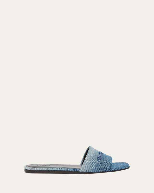 4G Embroidered Denim Flat Slide Sandals